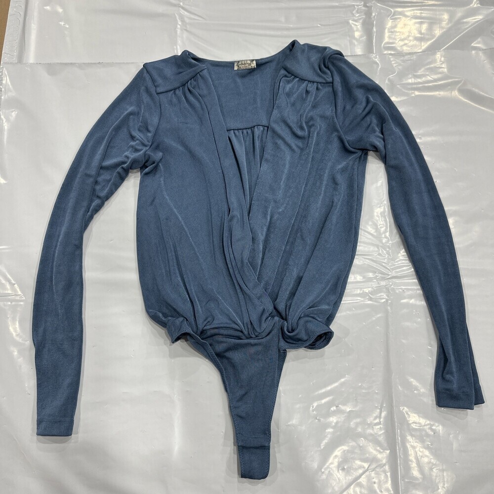 Free People Intimately Turnt Bodysuit Women S Blue Long Sleeve Wrap Front CEB263